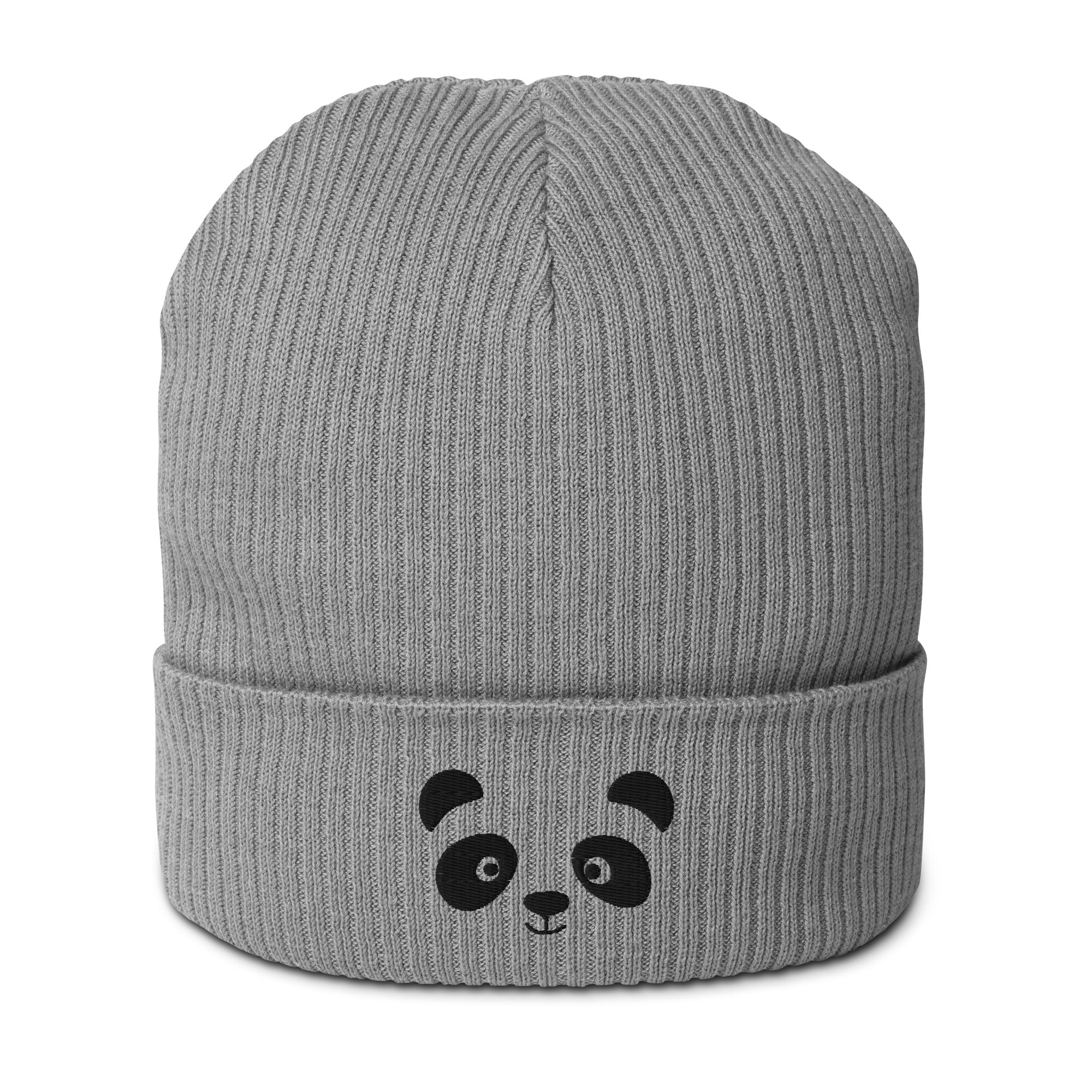 Panda face black embroidered, organic cotton ribbed beanie-0