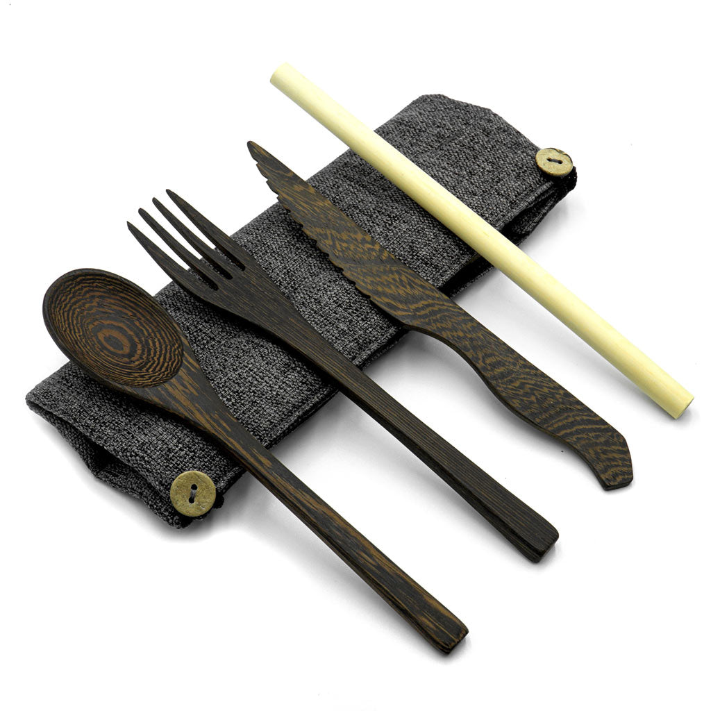 Dark Wood Cutlery Set (Dark grey bag)-0