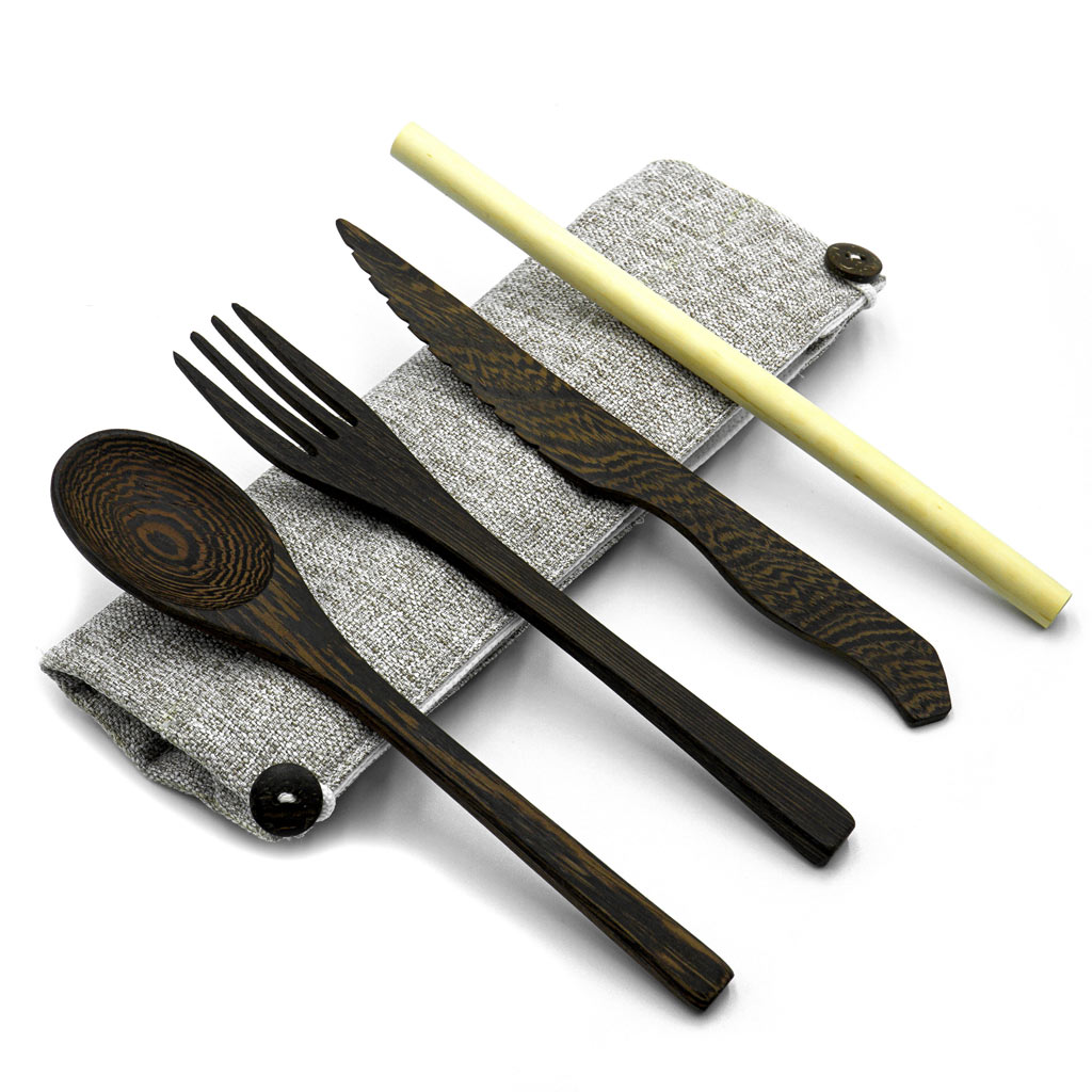 Dark Wood Cutlery Set (Light grey bag)-0