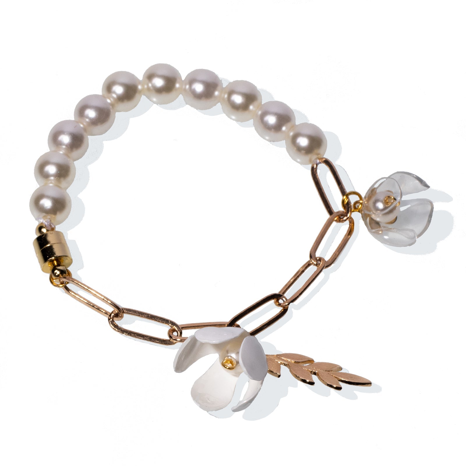 Elegantes Blumenarmband mit weißen Perlen - Elegant White Pearl Floral Bracelet-0