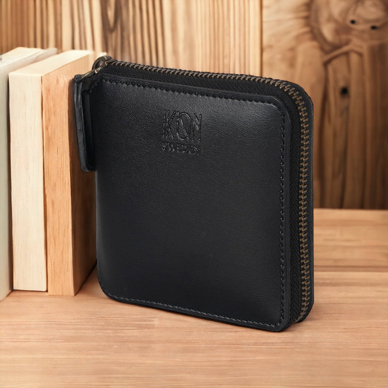 Kleine Apple-Leder-Geldbörse mit Reißverschluss – Schwarz-4