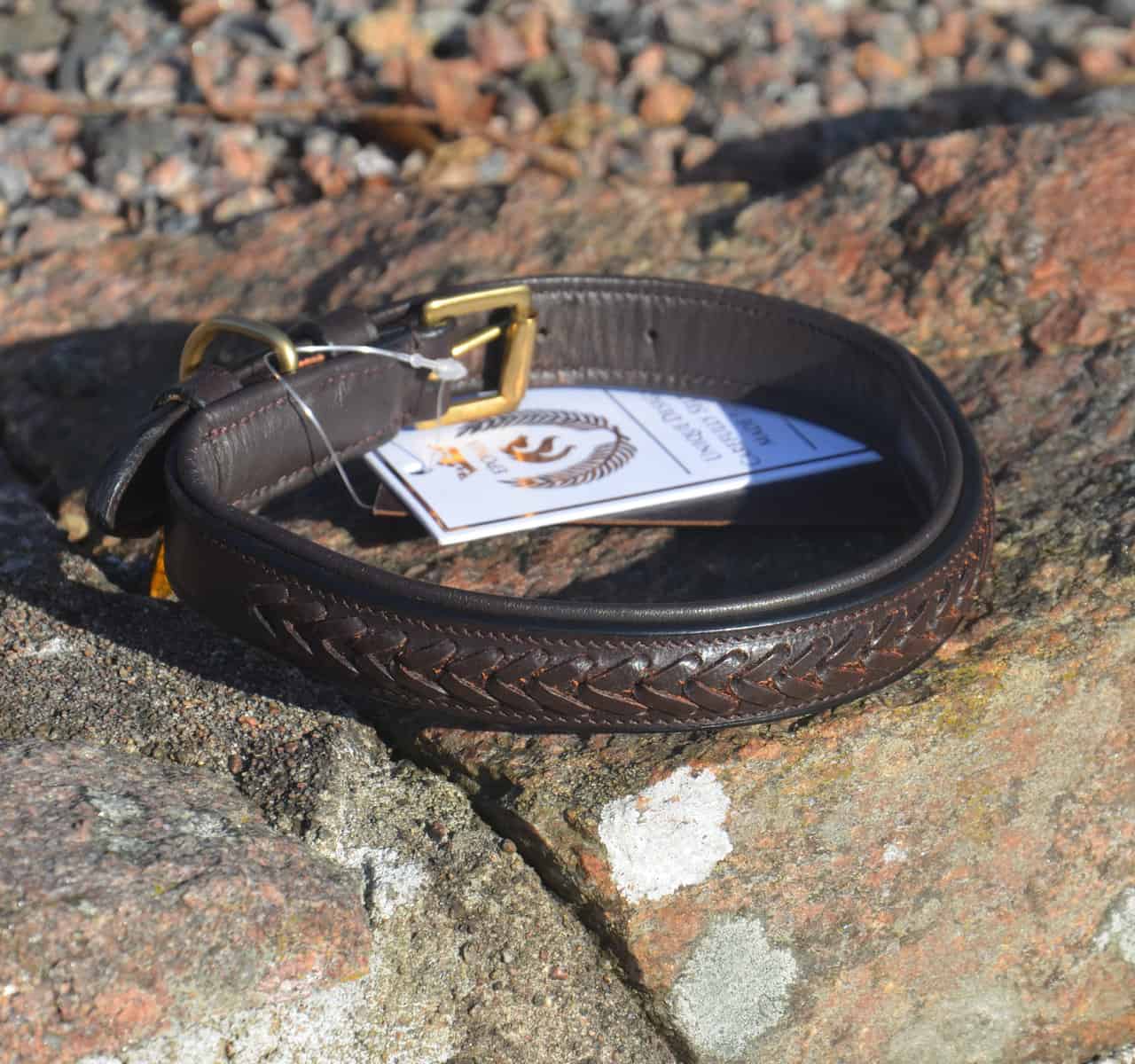 Premium dog collar in plaited natural tanned leather-1